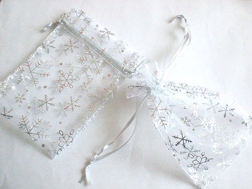 Medium White Organza Drawstring Bag with Silver Snowflakes