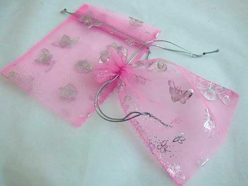 Medium Pink Organza Bag with Silver Butterflies
